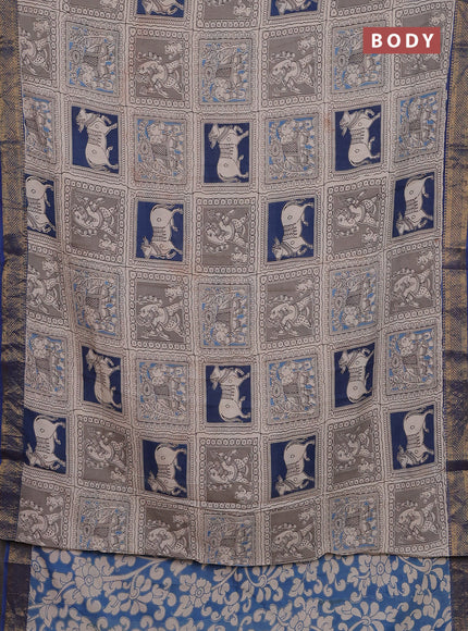 Kalamkari semi silk saree beige and blue with allover prints and zari woven border