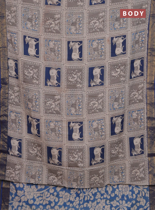 Kalamkari semi silk saree beige and blue with allover prints and zari woven border
