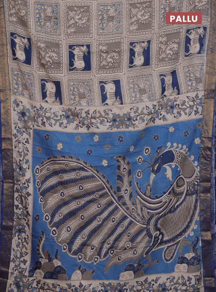 Kalamkari semi silk saree beige and blue with allover prints and zari woven border