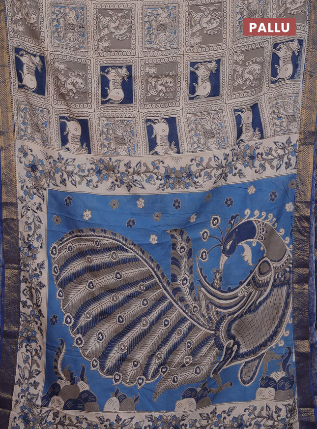 Kalamkari semi silk saree beige and blue with allover prints and zari woven border