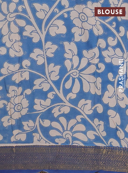 Kalamkari semi silk saree beige and blue with allover prints and zari woven border