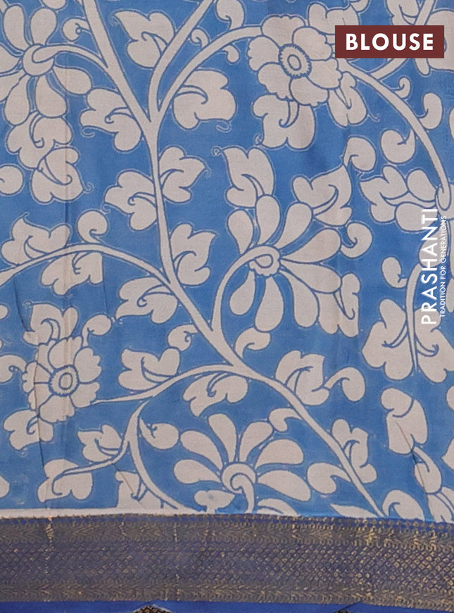 Kalamkari semi silk saree beige and blue with allover prints and zari woven border