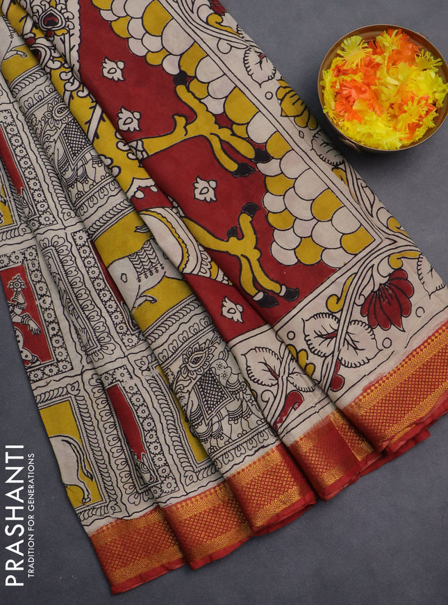 Kalamkari semi silk saree beige and maroon with allover prints and zari woven border