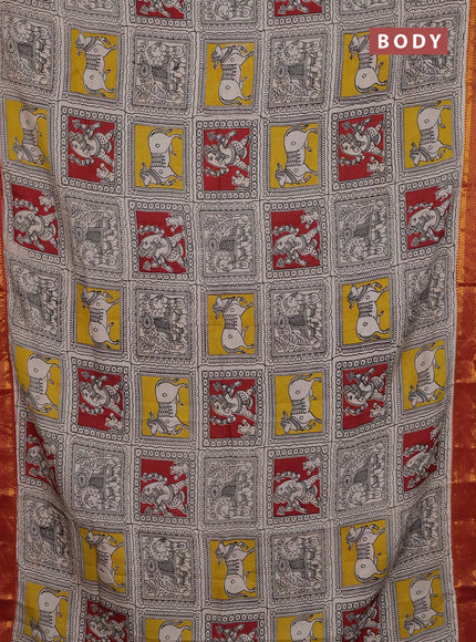 Kalamkari semi silk saree beige and maroon with allover prints and zari woven border