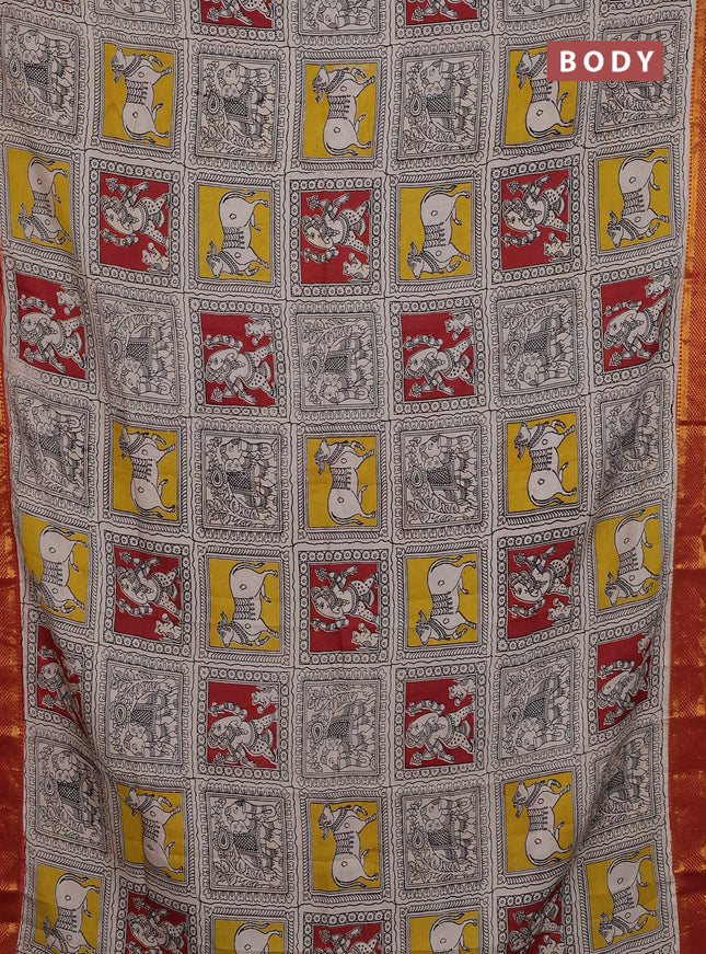 Kalamkari semi silk saree beige and maroon with allover prints and zari woven border