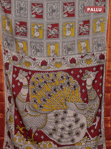 Kalamkari semi silk saree beige and maroon with allover prints and zari woven border