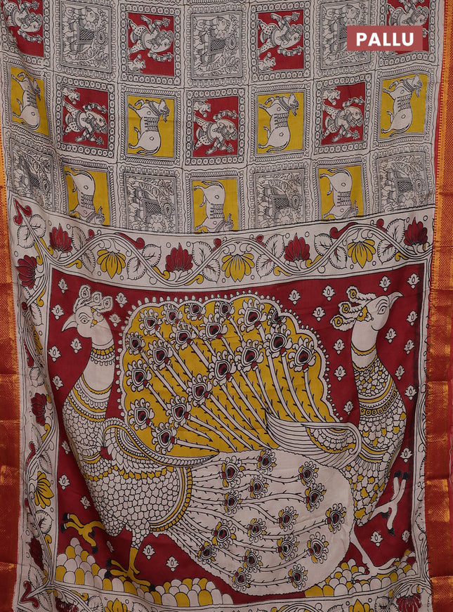 Kalamkari semi silk saree beige and maroon with allover prints and zari woven border