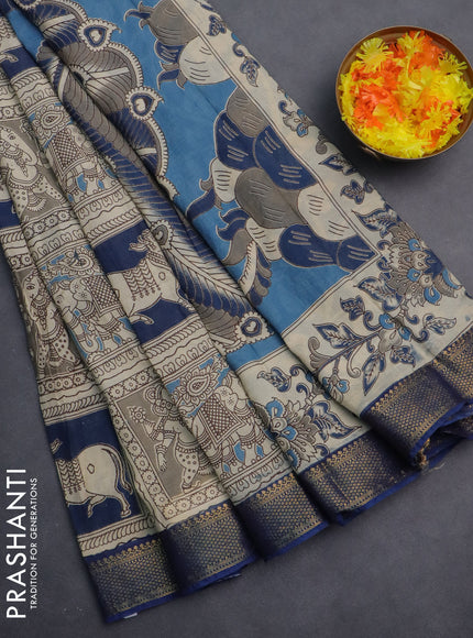 Kalamkari semi silk saree beige and blue with allover prints and zari woven border