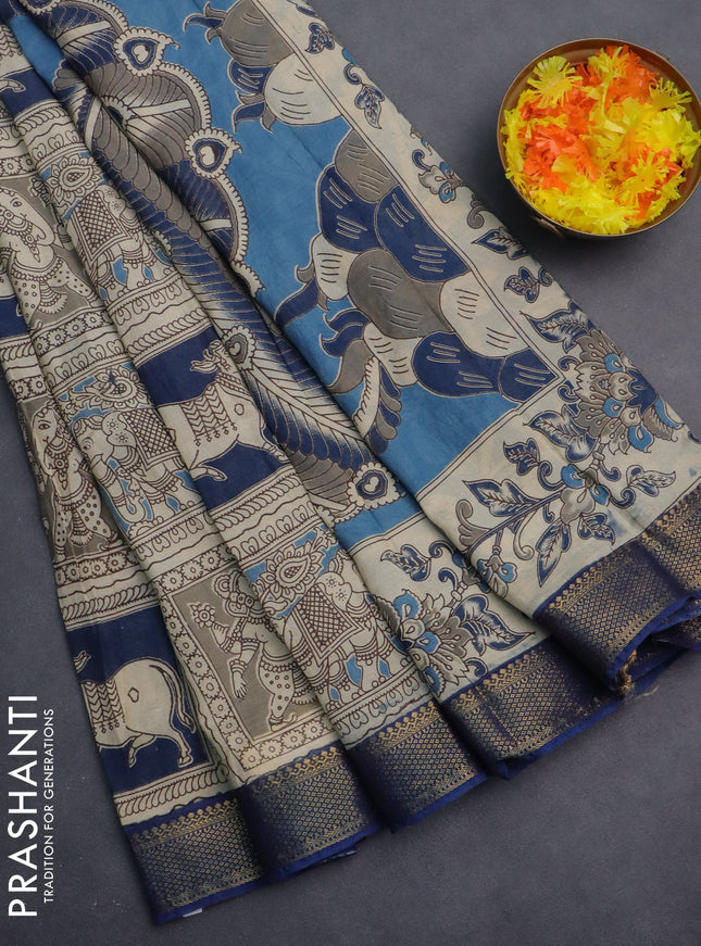 Kalamkari semi silk saree beige and blue with allover prints and zari woven border