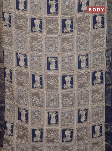 Kalamkari semi silk saree beige and blue with allover prints and zari woven border