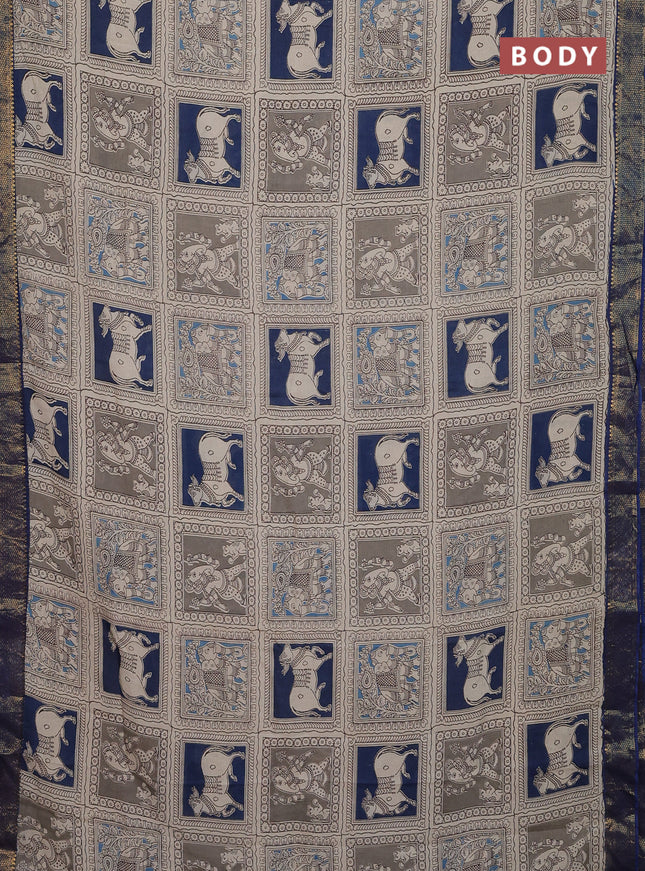 Kalamkari semi silk saree beige and blue with allover prints and zari woven border
