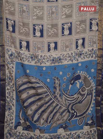 Kalamkari semi silk saree beige and blue with allover prints and zari woven border