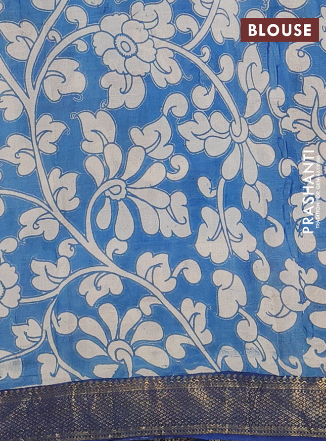 Kalamkari semi silk saree beige and blue with allover prints and zari woven border