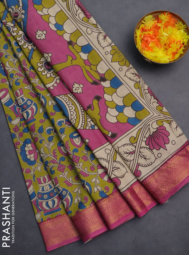 Kalamkari semi silk saree light green and pink with allover prints and zari woven border