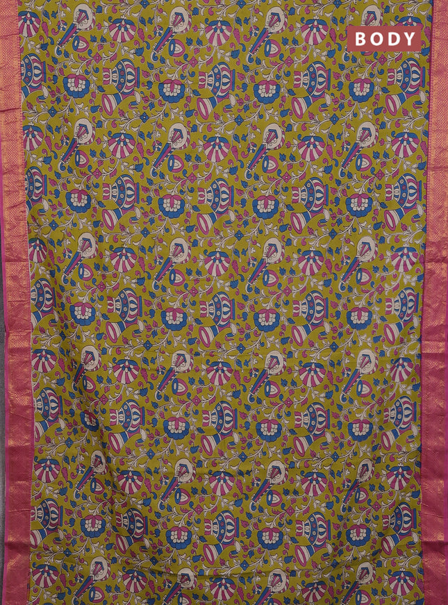 Kalamkari semi silk saree light green and pink with allover prints and zari woven border
