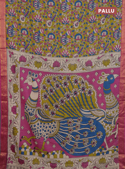 Kalamkari semi silk saree light green and pink with allover prints and zari woven border