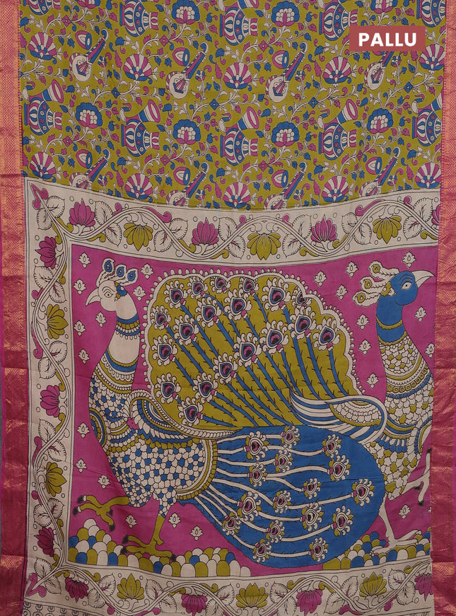 Kalamkari semi silk saree light green and pink with allover prints and zari woven border