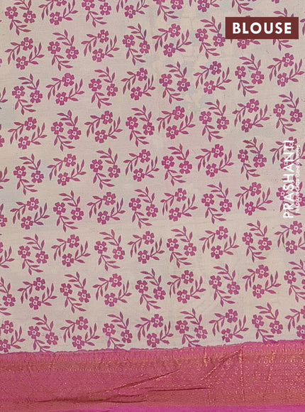 Kalamkari semi silk saree light green and pink with allover prints and zari woven border