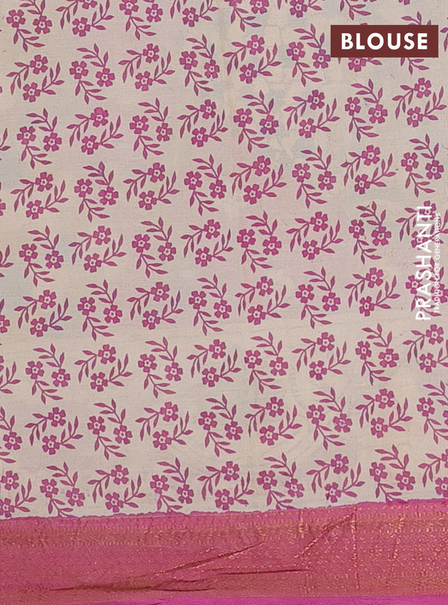 Kalamkari semi silk saree light green and pink with allover prints and zari woven border