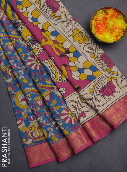 Kalamkari semi silk saree blue and pink with allover prints and zari woven border