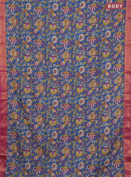 Kalamkari semi silk saree blue and pink with allover prints and zari woven border