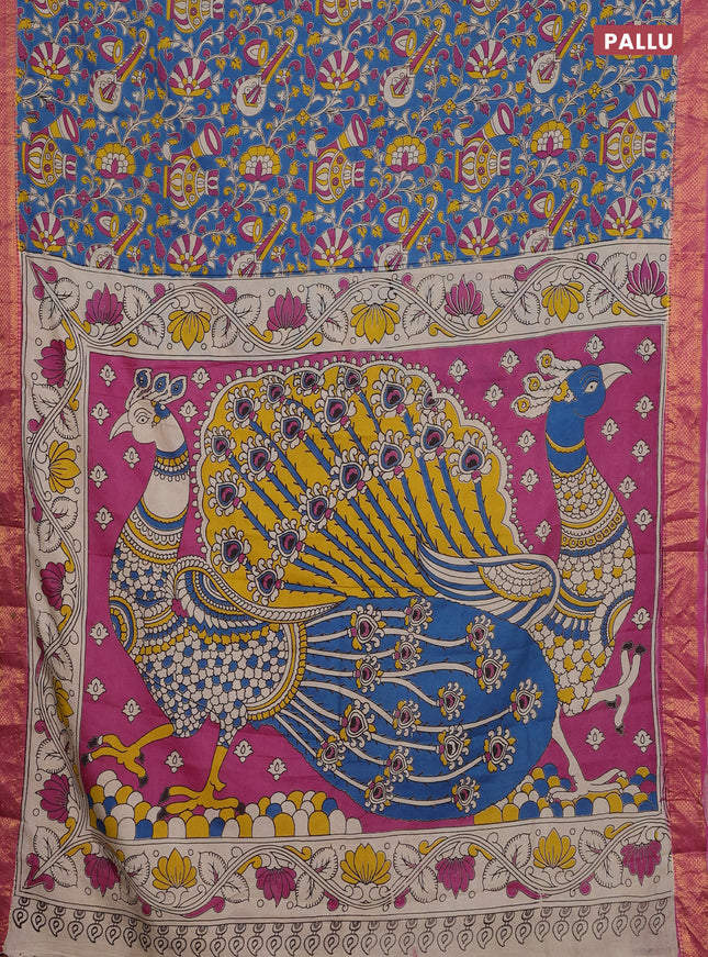 Kalamkari semi silk saree blue and pink with allover prints and zari woven border