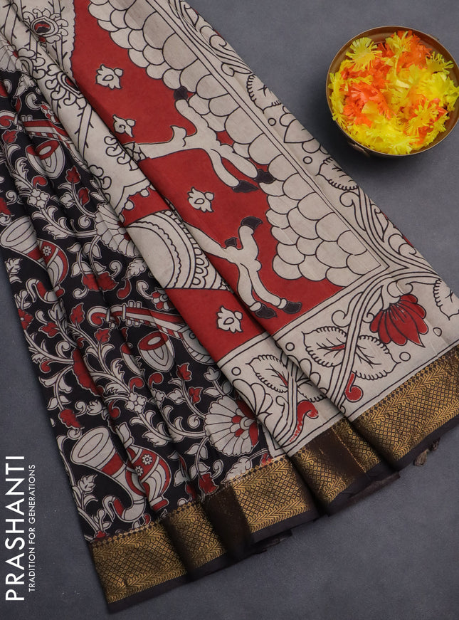 Kalamkari semi silk saree black and maroon with allover prints and zari woven border