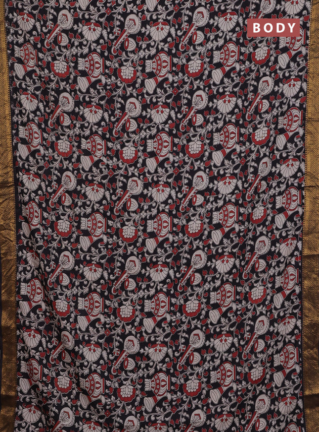 Kalamkari semi silk saree black and maroon with allover prints and zari woven border