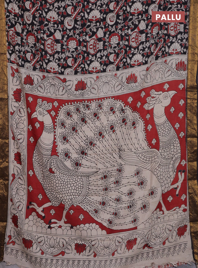 Kalamkari semi silk saree black and maroon with allover prints and zari woven border
