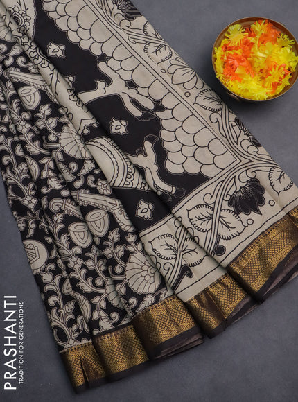 Kalamkari semi silk saree black and beige with allover prints and zari woven border