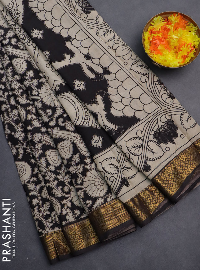 Kalamkari semi silk saree black and beige with allover prints and zari woven border