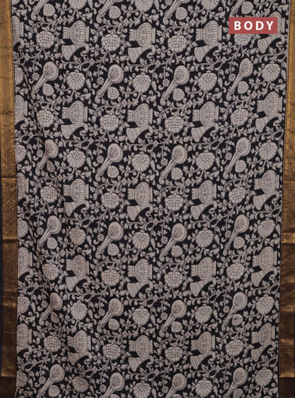 Kalamkari semi silk saree black and beige with allover prints and zari woven border