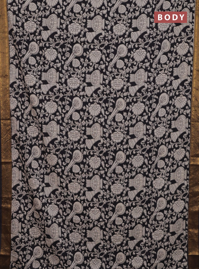 Kalamkari semi silk saree black and beige with allover prints and zari woven border