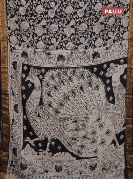 Kalamkari semi silk saree black and beige with allover prints and zari woven border