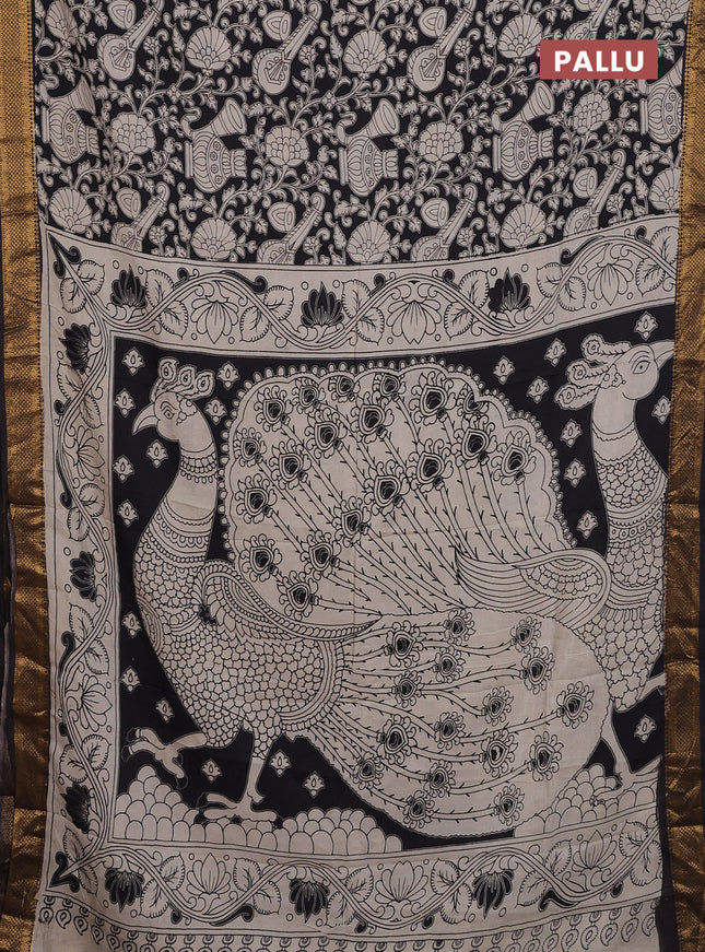 Kalamkari semi silk saree black and beige with allover prints and zari woven border