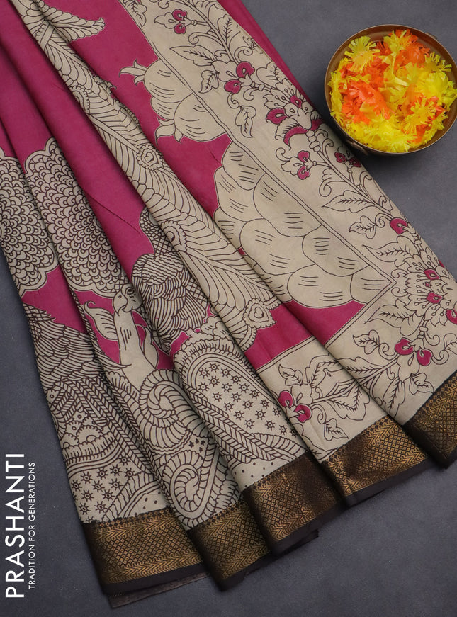 Kalamkari semi silk saree pink and black with allover prints and zari woven border