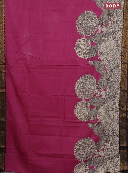 Kalamkari semi silk saree pink and black with allover prints and zari woven border
