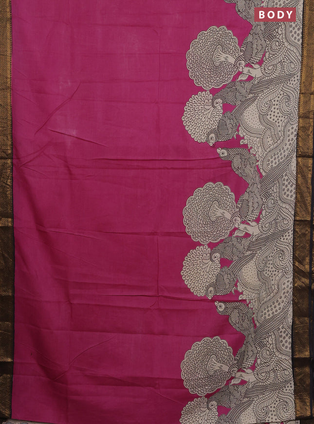Kalamkari semi silk saree pink and black with allover prints and zari woven border