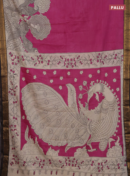 Kalamkari semi silk saree pink and black with allover prints and zari woven border