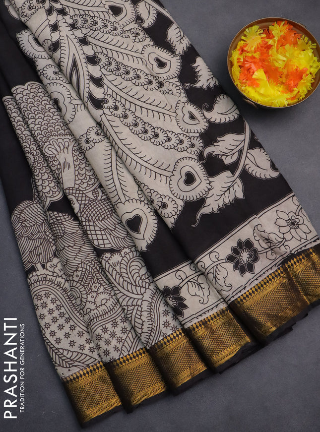 Kalamkari semi silk saree black with allover prints and zari woven border