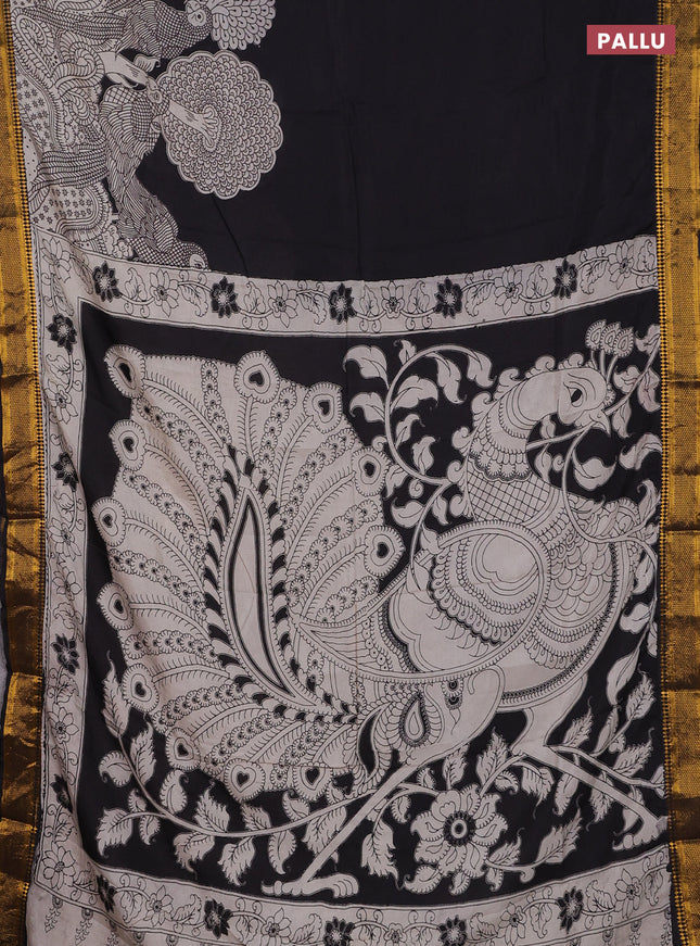Kalamkari semi silk saree black with allover prints and zari woven border