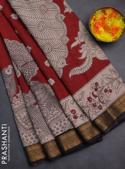 Kalamkari semi silk saree maroon and black with allover prints and zari woven border