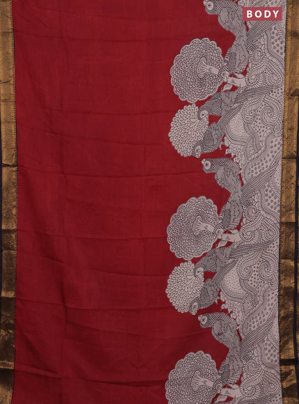 Kalamkari semi silk saree maroon and black with allover prints and zari woven border