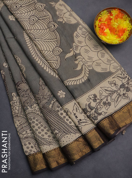 Kalamkari semi silk saree grey and black with allover prints and zari woven border