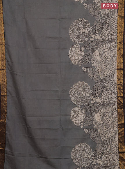 Kalamkari semi silk saree grey and black with allover prints and zari woven border