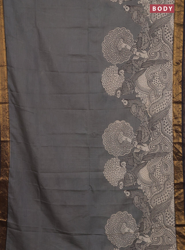 Kalamkari semi silk saree grey and black with allover prints and zari woven border