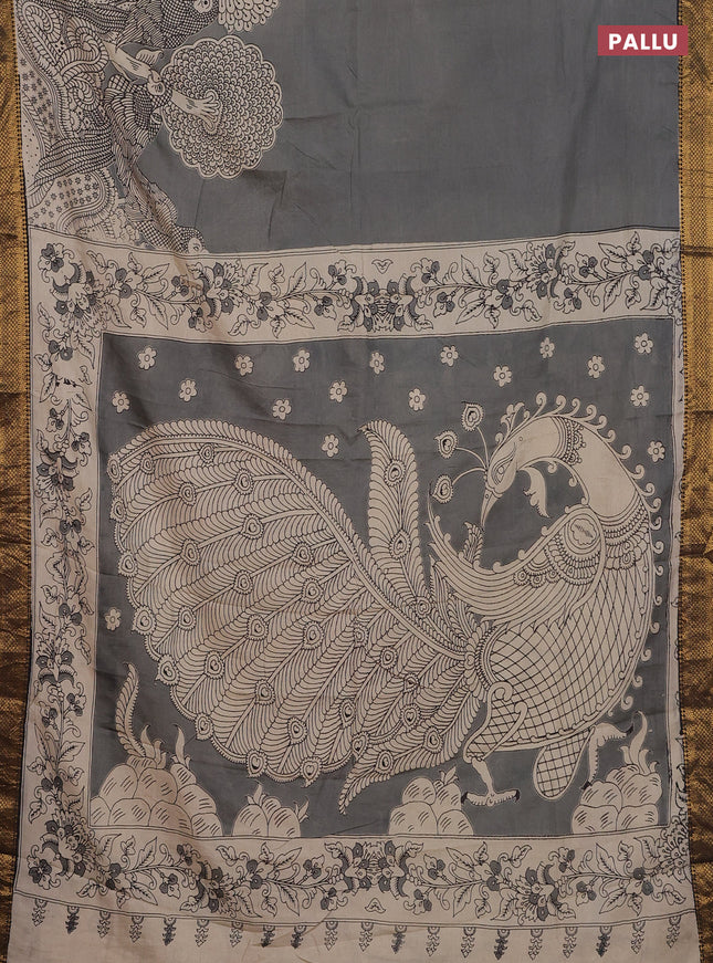 Kalamkari semi silk saree grey and black with allover prints and zari woven border