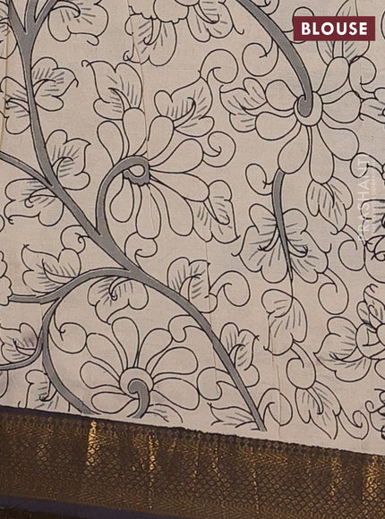 Kalamkari semi silk saree grey and black with allover prints and zari woven border