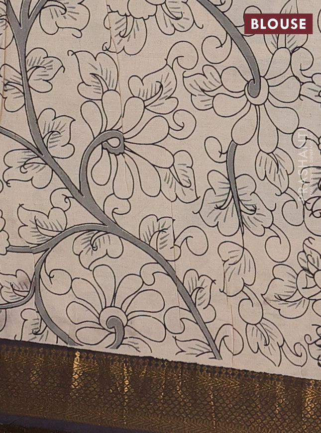 Kalamkari semi silk saree grey and black with allover prints and zari woven border