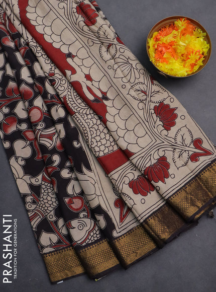Kalamkari semi silk saree black and maroon with allover prints and zari woven border